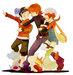  1girl 2boys black_hair brown_hair chikorita cyndaquil ethan_(pokemon) gen_2_pokemon lyla_(pokemon) marill multiple_boys nintendo pokemon silver_(pokemon) totodile  rating:General score:1 user:nao10