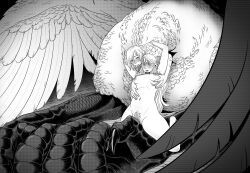  2girls arms_up blush centauroid chimera churroach claws completely_nude crotch_rub dungeon_meshi elf falin_touden falin_touden_(chimera) feathered_wings female_pubic_hair grabbing_another&#039;s_breast grabbing_from_behind greyscale grinding groping highres leaning_forward marcille_donato monochrome multiple_girls nude pointy_ears pubic_hair pussy pussy_juice taur wings yuri 