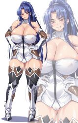  1girl bare_shoulders blue_hair blush breasts cameltoe cleavage covered_erect_nipples elbow_gloves fishnets gloves gluteal_fold highres huge_breasts leotard long_hair looking_at_viewer parted_lips ponytail red_eyes shiny_skin simple_background skin_tight skindentation smile standing taimanin_(series) taimanin_murasaki taimanin_suit teeth thighhighs thighs very_long_hair white_background white_leotard yatsu_murasaki yoohi zoom_layer 