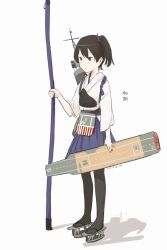  1girl aged_down arrow_(projectile) black_hair black_pantyhose blue_hakama bow_(weapon) brown_hair character_name closed_mouth commentary_request dated flight_deck full_body hair_tie hakama hakama_skirt holding holding_weapon japanese_clothes kaga_(kancolle) kantai_collection kawashina_(momen_silicon) muneate pantyhose quiver shadow side_ponytail simple_background skirt solo standing tasuki weapon white_background 