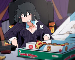  1girl black_eyes black_hair blurry blurry_background breasts chair cleavage collared_shirt cup curtains food food_on_body food_on_face highres jacket jewelry lucia_(scott_malin) medium_breasts medium_hair necklace original papa_john&#039;s parody parted_lips pepperoni pepperoni_pizza pizza pizza_box pizza_slice scarface scott_malin shadow shirt solo striped_clothes striped_jacket striped_vest vest white_shirt 