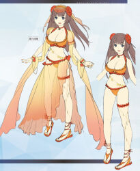  1girl arabian_clothes blush breasts cleavage dancer earrings fate/grand_order fate_(series) female_focus flower frilled_thigh_strap grey_eyes hair_flower hair_ornament jewelry koyama_hirokazu large_breasts long_hair looking_at_viewer mata_hari_(fate) navel official_art solo thigh_strap waifu2x 