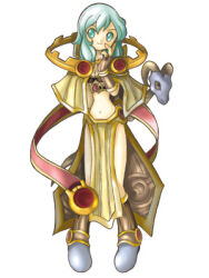  1girl 2000s_(style) artist_request bad_id bikini bikini_top_only boots breasts brown_boots brown_capelet brown_gloves brown_skirt capelet closed_mouth fingerless_gloves full_body gloves green_eyes green_hair holding holding_staff long_hair looking_at_viewer lowres midriff navel official_art pelvic_curtain ragnarok_online sage_(ragnarok_online) simple_background skirt small_breasts smile solo staff standing striped_capelet swimsuit white_background 