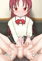  1boy 1girl blush censored clothed_female_nude_male cum cum_on_body cum_on_feet cum_on_lower_body ejaculation faceless faceless_male feet feet_together flat_chest footjob grin handjob hetero highres looking_at_viewer maa_(maa1) mahou_shoujo_madoka_magica male_pubic_hair no_nose nude penis pleated_skirt pov pubic_hair red_eyes red_hair sakura_kyoko school_uniform skirt smile smug solo_focus  rating:Explicit score:151 user:PoppedRaft