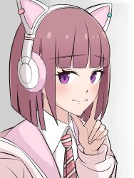  1girl animal_ear_headphones animal_ears blunt_bangs blunt_ends blush bob_cut cat_ear_headphones closed_mouth collared_shirt commentary diagonal-striped_clothes diagonal-striped_necktie dress_shirt fake_animal_ears finger_to_cheek hashtag-only_commentary headphones highres hood hooded_jacket ikizulive!_love_live!_bluebird jacket long_sleeves looking_at_viewer love_live! necktie pink_necktie portrait purple_eyes raised_inner_eyebrows sasaki_shion shirt short_hair smile solo striped_clothes tokuniku white_jacket white_shirt 