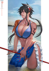  1girl abs black_hair bleach bleach:_brave_souls blue_eyes braid breasts cloud fireworks_print hair_ornament jewelry large_breasts lejeanx3 long_hair loose_hair_strand navel necklace patreon_logo patreon_username polearm prosthesis prosthetic_arm shiba_kuukaku sky smile staff starfish starfish_hair_ornament swimsuit tattoo trident water weapon  rating:Questionable score:10 user:bauls90