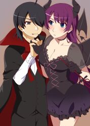  1boy 1girl ahoge albino_oscar alternate_costume araragi_koyomi black_cape black_choker black_dress black_gloves black_hair black_horns blue_eyes blush bow bowtie breasts brown_background cape choker cleavage collarbone commentary couple cowboy_shot demon_horns demon_wings dress eyelashes frilled_dress frills gloves gradient_background grey_background grey_eyes hair_over_one_eye hand_up hetero highres holding holding_hands horns long_hair looking_at_another medium_breasts monogatari_(series) parted_lips purple_dress purple_hair red_bow red_bowtie ribbon_trim senjougahara_hitagi short_dress short_hair wings 