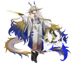 1girl absurdres arknights bare_shoulders black_boots boots breasts brooch closed_mouth collarbone dragon dragon_girl dragon_horns dragon_tail earrings eastern_dragon eastern_dragon_horns eastern_dragon_tail full_body green_eyes hair_between_eyes highres holding horns jewelry long_hair long_sleeves looking_at_viewer medium_breasts mou_pl pointy_ears shirt shu_(arknights) simple_background small_breasts smile solo standing strapless strapless_shirt tail tassel tassel_earrings tube_top very_long_hair white_background white_hair white_tube_top 