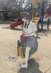  1girl backpack bag bench black_hair collared_shirt hairband highres holding original outdoors photo_background pinponpo ribbon shirt shoes short_hair short_sleeves sitting skirt sneakers socks solo 