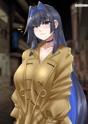  1girl absurdres black_hair blue_choker blue_eyes blue_hair blurry blurry_background breasts brown_coat choker cleavage closed_mouth coat colored_inner_hair fanbox_username frown hair_intakes highres hololive hololive_english large_breasts long_hair long_sleeves looking_at_viewer multicolored_hair oodnap ouro_kronii outdoors solo trench_coat very_long_hair virtual_youtuber 
