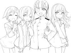  4girls aohashi_ame buttons closed_eyes erica_hartmann eyepatch feet_out_of_frame glasses hand_on_own_hip happy jacket long_hair looking_at_viewer military military_uniform miyafuji_yoshika multiple_girls neckerchief no_pants one_eye_closed open_mouth perrine_h._clostermann sailor_collar sakamoto_mio school_uniform shirt short_hair simple_background sketch smile standing strike_witches teeth upper_teeth_only world_witches_series yawning 