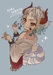  aged_down blood blood_on_face blue_background blue_hair chain character_name child cuffs earrings flat_chest full_body gauze geta gradient_hair grey_hair hakama horns japanese_clothes jewelry kimono multicolored_hair ngo_flamingo one_piece orange_eyes red_hakama red_horns rope sandals shackles standing white_kimono yamato_(one_piece) 