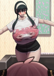  2girls akai_melon alternate_breast_size anya&#039;s_heh_face_(meme) anya_(spy_x_family) black_hair blush breasts child hairband hairpods highres huge_breasts long_hair meme mother_and_daughter multiple_girls open_mouth pink_hair shirt short_hair smile spy_x_family yor_briar 