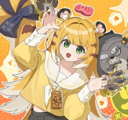  1girl alternate_costume animal_ear_fluff animal_ears black_skirt blonde_hair bow chaojiwudi_moxiansheng claw_pose commission fang food green_eyes highres ju_fufu long_hair long_sleeves looking_at_viewer meat multicolored_eyes multicolored_hair neckerchief open_mouth pleated_skirt sailor_collar school_uniform serafuku shirt shoes skirt smile solo tail tail_bow tail_ornament tiger_ears tiger_girl white_hair white_sailor_collar yellow_eyes zenless_zone_zero 