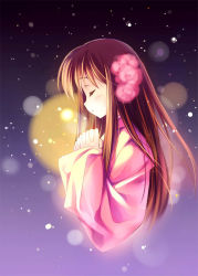  1girl 2011_tohoku_earthquake_and_tsunami axis_powers_hetalia blurry bokeh brown_hair closed_eyes depth_of_field female_focus flower hair_flower hair_ornament interlocked_fingers long_hair original own_hands_clasped own_hands_together profile rei_(rei&#039;s_room) solo taiwan_(hetalia) 