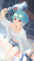  1girl :o arm_support arm_up bare_legs blue_hair blue_shorts bottle breast_pocket breasts brown-framed_eyewear camisole character_name collarbone collared_shirt colored_inner_hair commentary_request cutoffs day denim denim_shorts earrings electric_guitar eyewear_on_head from_above full_body gradient_hair guitar hand_on_ground highres holding holding_bottle instrument jewelry long_sleeves looking_up medium_breasts midriff multicolored_hair multiple_necklaces multiple_rings name_connection navel necklace official_alternate_costume official_alternate_hair_length official_alternate_hairstyle on_ground open_clothes open_shirt outdoors parted_lips pocket ramune red_eyes ring shade shiranami_ramune shiranami_ramune_(4th_costume) shirt shoes short_hair short_shorts shorts single_bare_shoulder single_off_shoulder sitting sneakers solo sunglasses sunlight swept_bangs thick_eyelashes twitter_username ury virtual_youtuber vspo! white_camisole white_hair white_shirt white_shoes 
