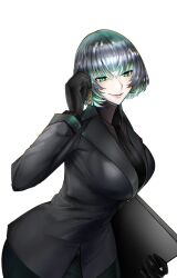  1girl allmind_(armored_core_vi) armored_core armored_core_vi:_fires_of_rubicon black_gloves black_hair black_jacket black_necktie breasts brown_shirt business_suit earrings folder formal_clothes gloves green_eyes hand_up highres holding holding_folder jacket jewelry light_blush long_sleeves looking_at_viewer medium_breasts multicolored_hair necktie official_style open_mouth parted_lips personification shirt short_hair smile solo suit swavigg triangle_earrings two-tone_hair upper_body white_background 
