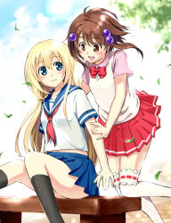 00s 2girls bad_id bad_pixiv_id bench black_legwear blonde_hair blouse blue_eyes blush bow bowtie brown_eyes brown_hair cloud colette_brunel day dress_shirt frilled_legwear hair_bobbles hair_ornament highres kamina_a8ru kneeling leaf long_hair miniskirt multiple_girls neckerchief pink_shirt pleated_skirt reala_(tales) school_uniform serafuku shirt sitting skirt sky smile socks standing sweater_vest tales_of_(series) tales_of_destiny tales_of_destiny_2 tales_of_symphonia thighhighs tree white_legwear wind  rating:Sensitive score:10 user:danbooru