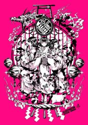  3girls cat commentary_request dragon eastern_dragon full_body highres japanese_clothes kimono lantern limited_palette looking_at_viewer multiple_girls original paper_lantern profile rope shimenawa short_hair smile torii yamada_satoshi zashiki-warashi 