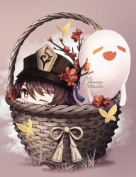  1girl basket boo_tao_(genshin_impact) brown_hair brown_hat commentary flower flower-shaped_pupils genshin_impact hair_between_eyes hat hu_tao_(genshin_impact) in_basket in_container looking_at_viewer milavana one_eye_closed peeking_out red_eyes red_flower signature solo symbol-shaped_pupils twitter_username wicker_basket 