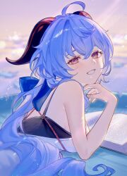  1girl ahoge bare_shoulders blue_hair blush book breasts ganyu_(genshin_impact) genshin_impact highres horns long_hair looking_at_viewer purple_eyes smile solo una_kamra 