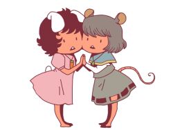  2girls animal_ears barefoot black_hair blue_capelet capelet carrot_necklace commentary_request dress floppy_ears full_body grey_hair grey_skirt holding_hands inaba_tewi jewelry long_sleeves looking_at_viewer mouse_ears mouse_girl mouse_tail multiple_girls nazrin necklace onikobe_rin open_mouth palms_together pink_dress puffy_short_sleeves puffy_sleeves rabbit_ears rabbit_girl rabbit_tail shirt short_hair short_sleeves simple_background skirt solid_oval_eyes tail touhou triangle_mouth white_background white_shirt 