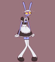  1boy animal_ears apron arms_at_sides black_bow black_dress black_eyes black_shoes black_sleeves blush bow clenched_hands clothing_cutout collared_dress colored_sclera colored_teeth commentary contrast_collar dress embarrassed english_commentary fewer_digits flat_color flying_sweatdrops footwear_bow frilled_apron frilled_headwear frilled_sleeves frills full_body furry glove_cuffs gloves gooseworx heart_cutout highres jax_(the_amazing_digital_circus) knees_together_feet_apart looking_to_the_side maid maid_apron maid_headdress official_art petticoat platform_shoes puffy_short_sleeves puffy_sleeves purple_background purple_fur rabbit_boy rabbit_ears shaking shoes short_dress short_sleeves simple_background small_pupils solo square-shaped_pupils square_pupils sweatdrop teeth the_amazing_digital_circus thighhighs white_gloves white_headdress white_petticoat white_thighhighs wing_collar yellow_sclera yellow_teeth 