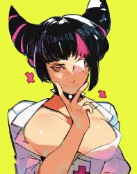  1girl absurdres aesland3 black_choker black_hair breasts choker closed_mouth collarbone commentary english_commentary eyepatch grin hair_horns han_juri highres large_breasts looking_at_viewer medical_eyepatch multicolored_hair pink_hair purple_eyes shirt simple_background smile solo spiked_choker spikes streaked_hair street_fighter street_fighter_6 two-tone_hair v v_over_mouth white_shirt yellow_background 