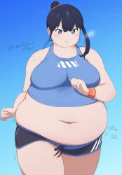  1girl belly big_belly black_hair black_shorts blue_background blue_eyes blue_shirt blush breasts crop_top exercising fat fat_woman gridman_universe hair_bun hair_ribbon jogging large_breasts masakin midriff muffin_top navel open_mouth orange_ribbon ribbon running shirt short_shorts shorts sleeveless solo ssss.gridman sweat sweatband takarada_rikka tank_top tight_clothes tight_shirt twitter_username workout_clothes wristband 