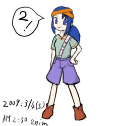 1girl 2009 ankle_boots blue_eyes blue_hair boots hand_on_own_hip headband lara_laramie looking_at_viewer nintendo pokemon pokemon_(anime) pokemon_(classic_anime) pokemon_ep033 ponytail shorts shoulder_belt smile