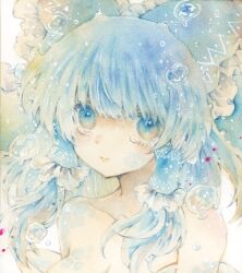  1girl air_bubble alternate_color alternate_eye_color alternate_hair_color blue_eyes blue_hair blue_scales bow breasts bubble cleavage closed_mouth collarbone commentary_request frilled_bow frilled_hair_tubes frills hair_bow hair_tubes hakurei_reimu large_breasts lily_k_oekaki long_hair looking_at_viewer lowres painting_(medium) solo tears touhou traditional_media watercolor_(medium) 