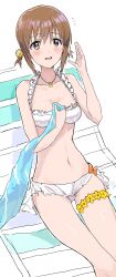  1girl bikini blush breasts brown_eyes brown_hair chair collarbone hagiwara_yukiho hand_up highres hitodama_(madatohi) idolmaster idolmaster_(classic) jewelry lounge_chair navel necklace open_mouth short_hair short_twintails sitting solo swimsuit twintails white_bikini 
