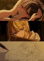  2girls absurdres akatsuki_mikoto aoi_rei black_hair blonde_hair blush breasts closed_mouth draw_me_like_one_of_your_french_girls_(meme) heart heart_necklace highres jewelry kudo_eru large_breasts meme multiple_girls necklace nude original parted_lips purple_eyes red_eyes smile sweatdrop titanic_(movie) translation_request twitter_username yuri 