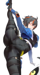  1girl absurdres bangboo_(zenless_zone_zero) black_gloves black_hair black_pants blue_footwear blue_jacket blush closed_mouth eous_(zenless_zone_zero) from_below gloves hairband high-waist_pants highres holster jacket looking_to_the_side metal_hairband multicolored_hair pants police police_uniform policewoman red_eyes red_hair red_streaks shoulder_holster simple_background solo split standing standing_on_one_leg standing_split streaked_hair tight_clothes tight_pants wavy_mouth white_background yoruta_(yossy_puyo_holo) zenless_zone_zero zhu_yuan  rating:Sensitive score:54 user:danbooru