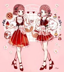  2girls :o animal animal_on_shoulder bird bird_on_shoulder black_bow black_vest blush_stickers bob_cut bow braid braided_hair_rings brown_eyes brown_hair cherry cherry_blossoms closed_mouth commentary crown_braid cupcake cursive detached_sleeves dot_nose english_commentary english_text flower food frilled_shirt frilled_skirt frilled_sleeves frills fruit fudge full_body grey_bird hair_rings hand_on_own_hip hand_up heart high_heels highres licking_lips looking_at_viewer multiple_girls napo_(napo_illust) no_socks original parted_lips picnic_basket pie red_shoes red_skirt shirt shoes short_hair siblings sisters skirt sleeveless sleeveless_shirt standing three-quarter_sleeves tongue tongue_out twins vest waist_bow white_flower white_shirt 