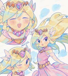  1girl belt blonde_hair closed_eyes dress flat_chest floating_hair gloves hair_ornament highres jewelry looking_at_viewer multiple_views necklace nintendo pink_dress princess_zelda smile the_legend_of_zelda the_legend_of_zelda:_the_wind_waker tiara tokuura twitter_username watermark wing_hair_ornament 