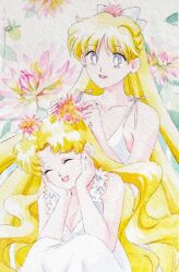  2girls aino_minako ash_valery bare_shoulders bishoujo_senshi_sailor_moon blonde_hair blue_eyes bow breasts closed_eyes dress earrings flower hair_flower hair_ornament hands_on_own_face highres jewelry long_hair multiple_girls sitting sleeveless smile traditional_media tsukino_usagi twintails very_long_hair white_bow  rating:General score:4 user:zombiespacial