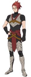 1boy adam_krensh anime_coloring armor black_shirt breastplate clenched_hands closed_mouth fingerless_gloves full_body gloves greaves hand_on_own_hip highres looking_at_viewer male_focus official_art ponytail red_eyes shirt short_hair short_ponytail short_sleeves simple_background smile solo standing sueoka_masami the_beginning_after_the_end transparent_background tsurime turtleneck turtleneck_shirt v-shaped_eyebrows