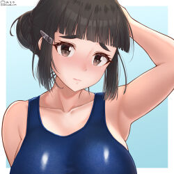  1girl arm_behind_head black_hair blush breasts brown_eyes collarbone dated hair_bun hair_ornament hairclip kantai_collection large_breasts long_hair looking_at_viewer myoukou_(kancolle) one-piece_swimsuit school_swimsuit shiromaru_(maniado) single_hair_bun smile solo swimsuit twitter_username upper_body 