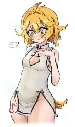  1girl absurdres ahoge alternate_costume bare_shoulders bird_tail blonde_hair blush breasts china_dress chinese_clothes cleavage cleavage_cutout clothing_cutout dokibird_(vtuber) dress fang feather_hair feathers green_eyes hair_between_eyes hair_ornament highres indie_virtual_youtuber itsjustfrel no_panties pelvic_curtain revealing_clothes skin_fang sleeveless sleeveless_dress small_breasts solo tail thighs twintails virtual_youtuber white_background yellow_feathers 