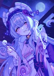  1girl absurdres apron bell blue_hair blue_light blush bow breasts choker cotton_swab ear_cleaning frilled_headband frilled_sleeves frills genshin_impact hairband hand_on_own_ear highres holding holding_cotton_swab japanese_clothes kimono long_hair long_sleeves looking_at_viewer mimikaki moon neck_bell night night_sky nihongami obi omija_art pink_eyes pink_kimono pointy_ears purple_sash sash sidelocks sky sleeveless sleeveless_kimono small_breasts smile solo symbol-shaped_pupils tucking_hair very_long_hair white_apron white_hairband wide_sleeves yumemizuki_mizuki 