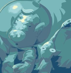  1boy absurdres aqua_background aqua_theme backpack bag big_nose closed_eyes commentary_request expressionless gloves helmet highres iat-418 leaf looking_at_viewer louie_(pikmin) male_focus monochrome nintendo no_mouth parted_lips pikmin_(creature) pikmin_(series) pointy_ears radio_antenna short_hair space_helmet spacesuit standing very_short_hair yellow_pikmin 
