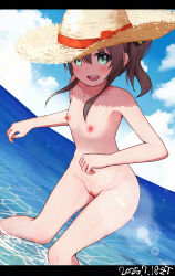  1girl absurdres bad_id bad_pixiv_id breasts brown_hair cleft_of_venus completely_nude dated green_eyes groin hat highres hololive looking_at_viewer natsuiro_matsuri nipples no_panties nude ocean ontake2009 open_mouth outdoors pussy side_ponytail small_breasts solo straw_hat teeth uncensored upper_teeth_only virtual_youtuber wading 