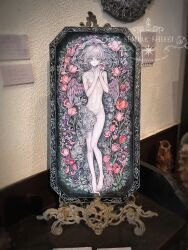  1girl absurdres acrylic_paint_(medium) angel_wings barefoot blonde_hair commentary_request completely_nude expressionless feathered_wings flat_chest flower full_body grey_eyes highres looking_at_viewer medium_hair navel nude original painting_(medium) pale_skin photo_(medium) plant ribs rose solo sumire_shisei traditional_media tulip veil vines wavy_hair wings 