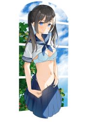  1girl absurdres black_hair blue_bra blue_eyes blue_neckerchief blue_sailor_collar blue_skirt blush bra breasts brown_hair clothes_lift clothes_pull cloud cloudy_sky collarbone collared_shirt commentary_request day flower hair_between_eyes highres looking_at_viewer medium_breasts navel neckerchief no_legs no_panties open_fly original pleated_skirt sailor_collar sakura_yuu_(hzjy8485) school_uniform serafuku shirt shirt_lift sidelocks skirt skirt_pull sky smile solo twintails underwear undressing unzipped unzipping white_shirt window  rating:Sensitive score:44 user:danbooru