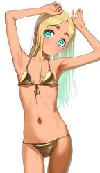  1girl :o armpits arms_up bare_arms bare_shoulders bikini blonde_hair blue_eyes breasts collarbone commentary_request cowboy_shot forehead gluteal_fold gold_bikini groin head_tilt highres idolmaster idolmaster_cinderella_girls layla_(idolmaster) loli long_hair looking_at_viewer navel parted_lips pettan_p simple_background small_breasts solo standing swimsuit very_long_hair white_background  rating:Sensitive score:59 user:danbooru