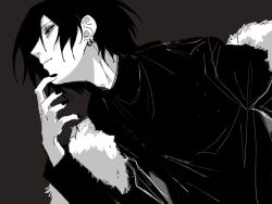 1boy brown_background chino_(sky_tanosi) commentary_request ear_piercing greyscale_with_colored_background hand_up highres looking_to_the_side male_focus original piercing short_hair simple_background solo turtleneck upper_body 