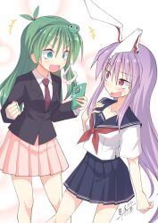  &gt;:d 2girls :d artist_name blush cellphone clenched_hand collarbone cosplay dated embarrassed female_focus green_eyes green_hair hair_between_eyes hair_ornament ichidai kochiya_sanae matching_hair/eyes multiple_girls necktie open_mouth phone purple_hair purple_necktie rabbit_ears red_eyes reisen_udongein_inaba reisen_udongein_inaba_(cosplay) sailor_collar sailor_shirt sailor_uniform shirt signature simple_background skirt smartphone smile touhou 
