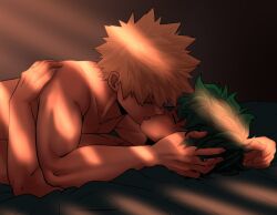 bad_tag bakudeku bakugou_katsuki bed blonde_hair boku_no_hero_academia bones_(company) freckles green_hair highres inminent_sex kiss messy_hair midoriya_izuku night nude nyxdrawhine on_bed pectorals shounen_jump spiked_hair tongue yaoi