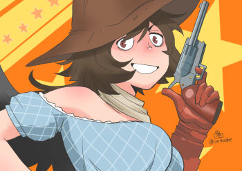  1girl black_hair black_wings blue_shirt breasts brown_eyes brown_hat commentary_request cowboy_hat feathered_wings gloves grin gun handgun hat holding holding_gun holding_weapon kurokoma_saki long_hair looking_at_viewer medium_breasts off-shoulder_shirt off_shoulder onikobe_rin orange_background red_gloves revolver shirt smile solo star_(symbol) star_symbol_background touhou upper_body weapon wings 